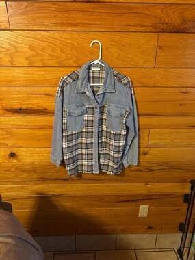 ONELEVEN Patchwork Plaid and Denim Frayed Hem Shacket Jacket